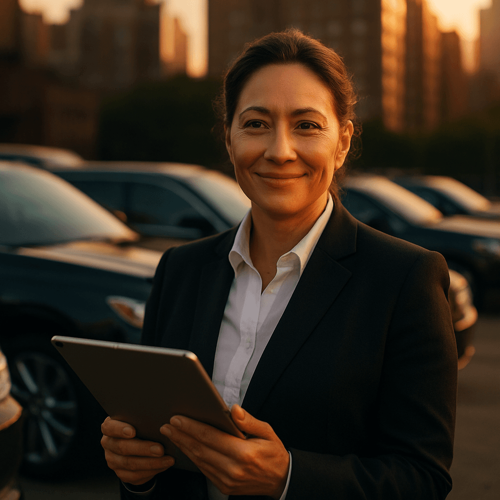 A confident NYC base manager reviewing fleet compliance on a tablet at golden hour
