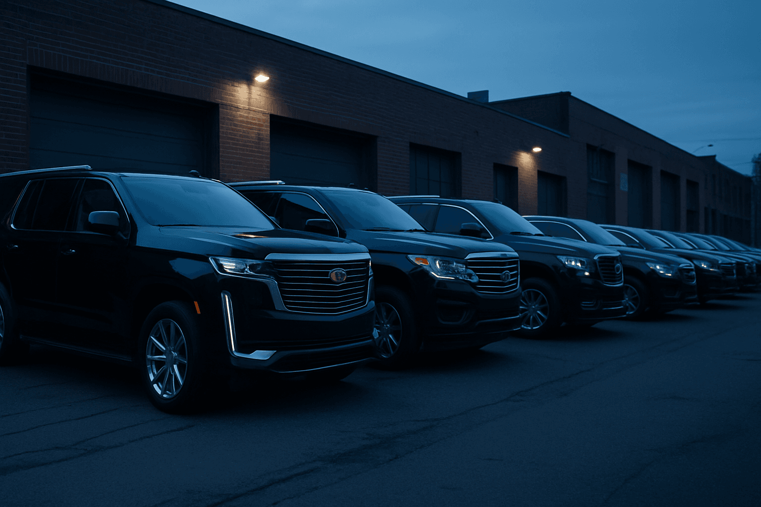 A fleet of black executive for-hire vehicles lined up outside a NYC base garage at dawn